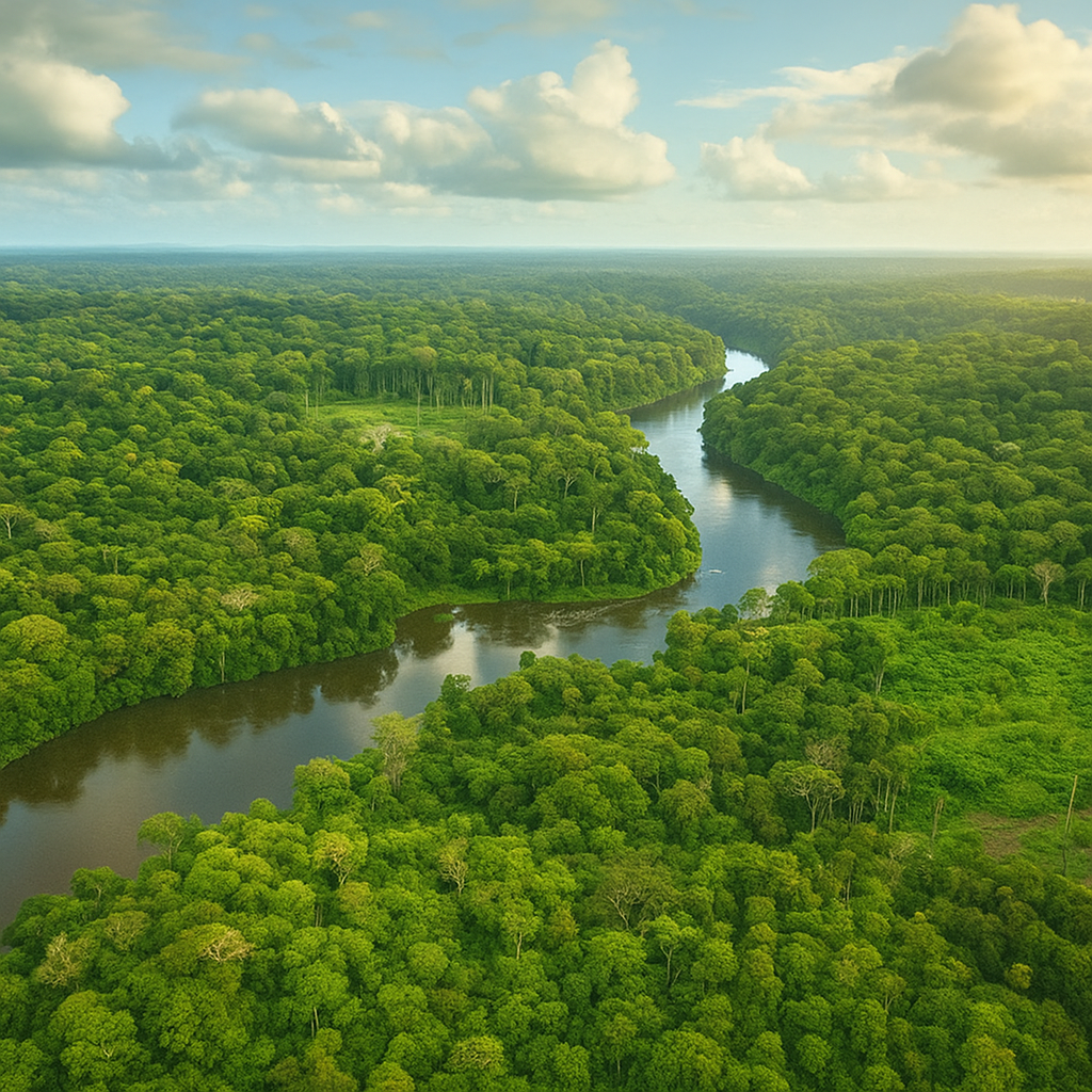Aerial view of Surinamese Amazon rainforest with winding river